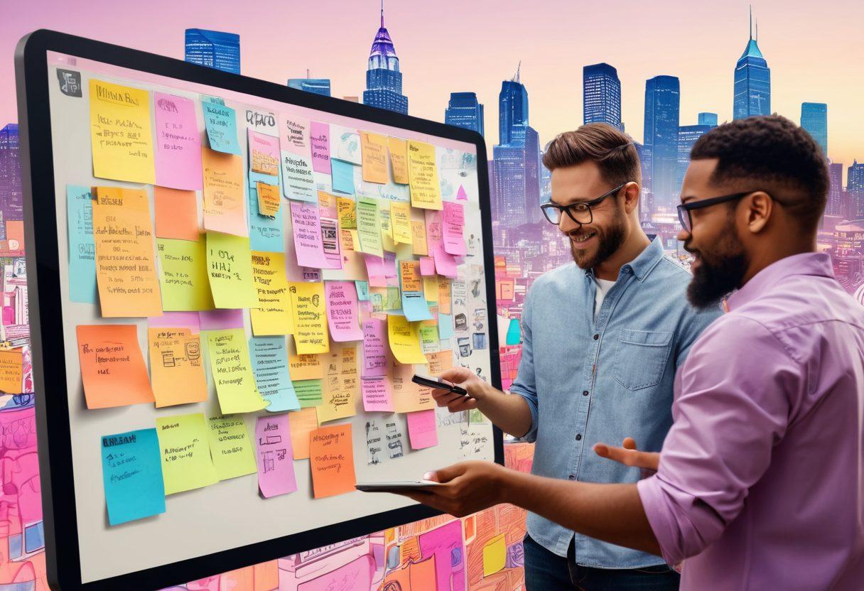 A group of diverse individuals engaged around a large digital tablet, collaboratively discussing and brainstorming ideas for a community blog. Colorful sticky notes and drawings float around them, representing creativity and connection. The background features a vibrant cityscape and a digital representation of a blog interface, emphasizing interaction and community. soft focus. vibrant colors. super-realistic.