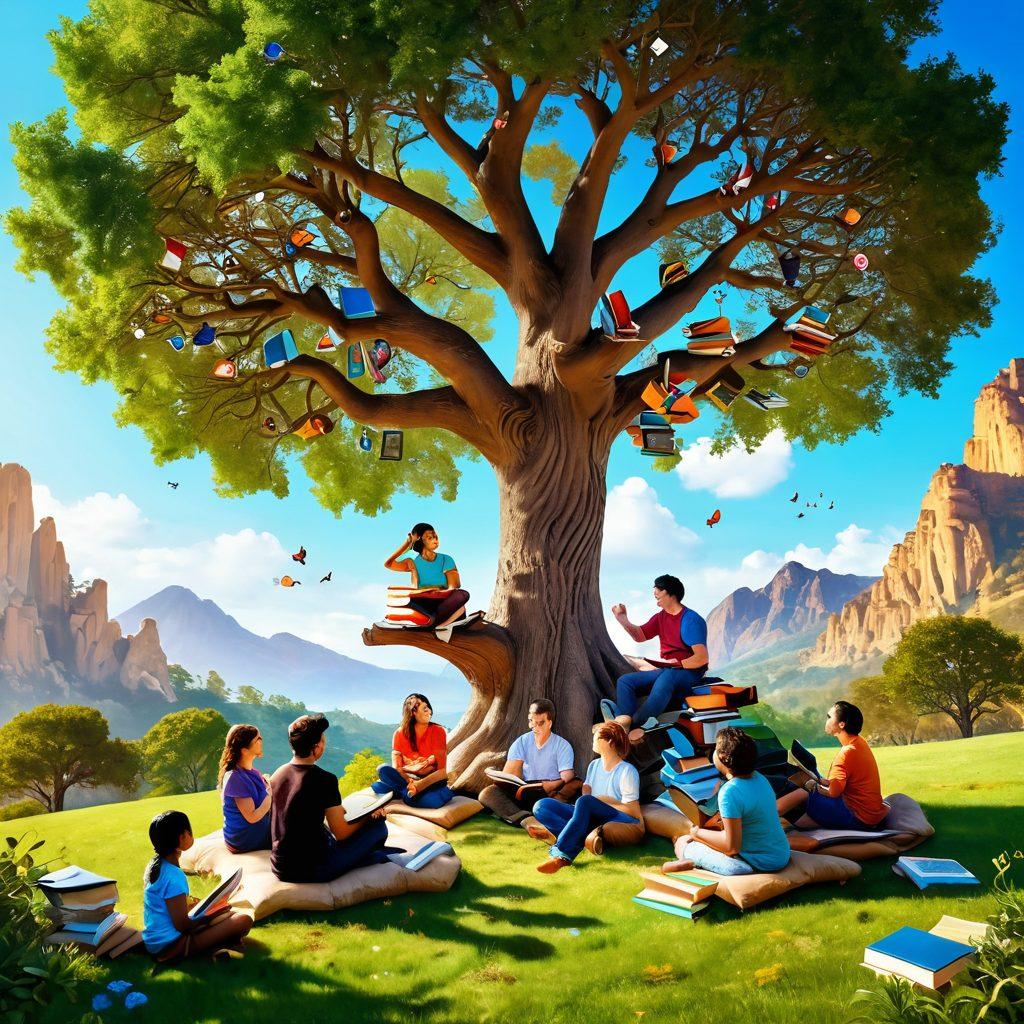 A whimsical scene featuring a storyteller sitting under a grand tree, surrounded by floating books and digital content icons. A diverse group of captivated listeners of different ages gathers around, with expressions of wonder and excitement, symbolizing the blend of traditional storytelling and modern content marketing. The background hints at a beautiful landscape that represents growth and creativity. vibrant colors. super-realistic. fantasy art.